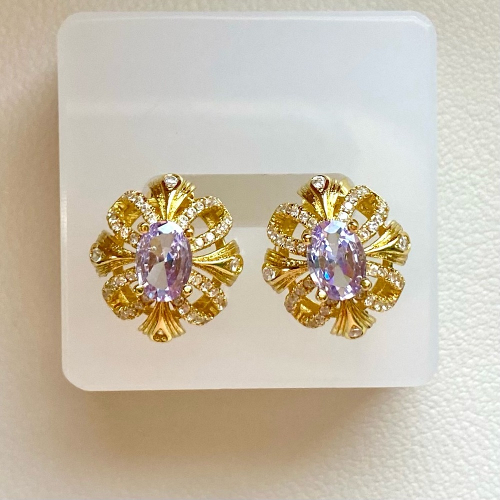 Gold Floral Crystal Stud Earrings with Lavender Center